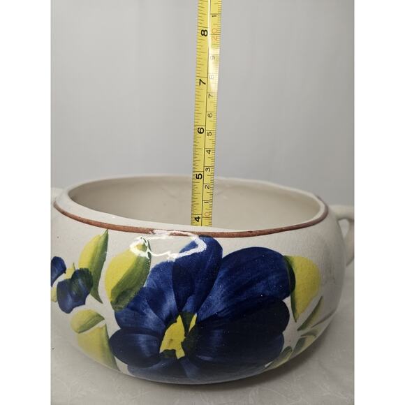 Vtg Mexican Hand Made Painted Decorative Lidded Bean Pot Blue Floral Casserole - Picture 10 of 11